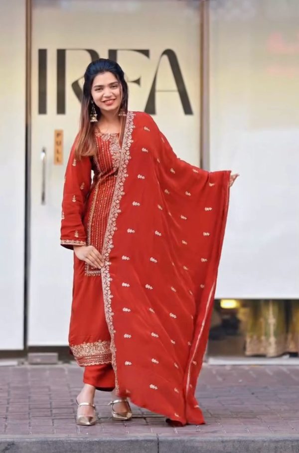 Bright Red Color Georgette With Embroidery Work Salwar Suit