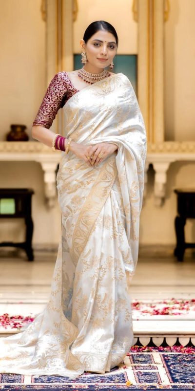 Bright White Color Soft Litchi Silk All Over Weaving Saree