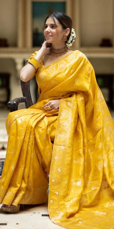 Bright Yellow Color Soft Litchi Silk All Over Weaving Saree