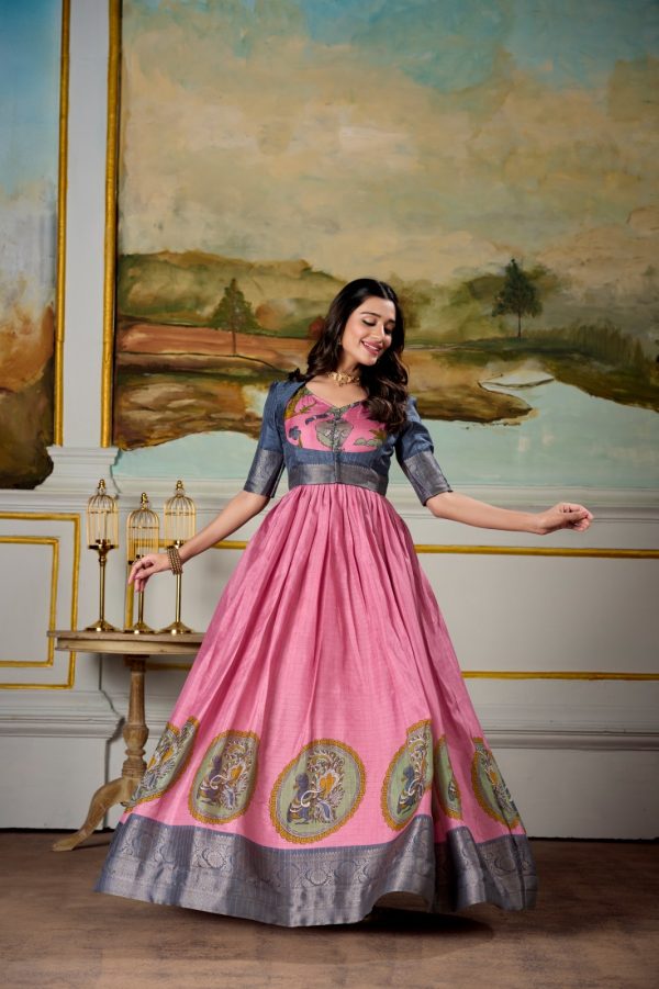 Classic Pink Color Dola Silk Kalamkari Print Zari Weaving Broder Gown