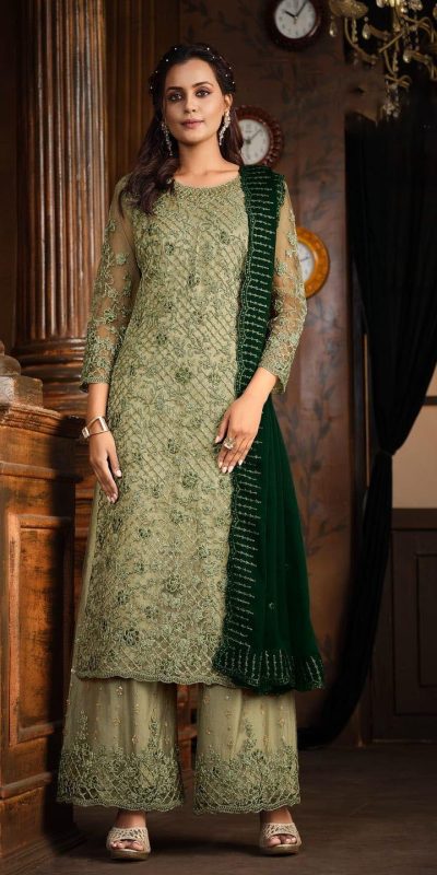 Classic Pista Color Net With Coding Sequence Work Salwar Suit