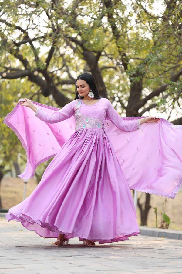 Classic Purple Color Chinon Sequence With Thread Work Gown