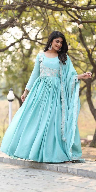 Classic Rama Color Chinon Sequence With Thread Work Gown