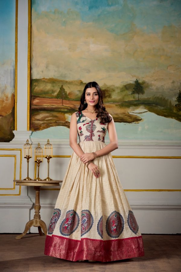 Classic Red Color Dola Silk Kalamkari Print Zari Weaving Broder Gown