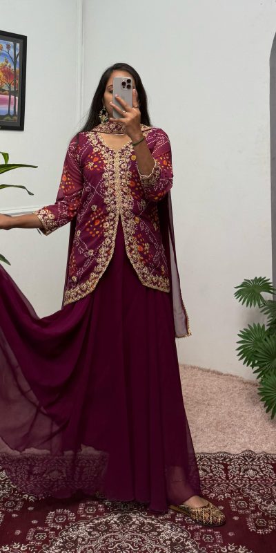 Classic Wine Color Printed Faux Georgette Embroidery Work Salwar Suit