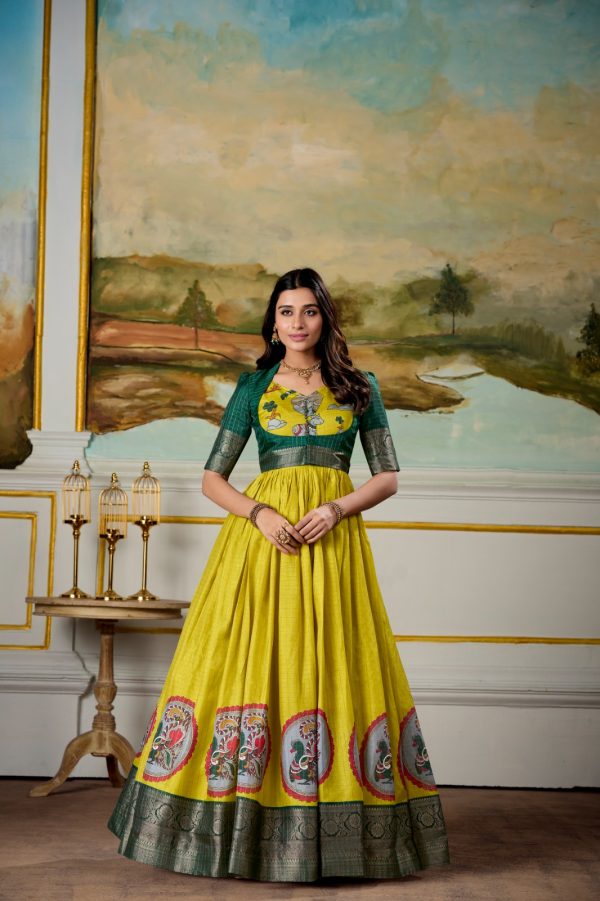 Classic Yellow Color Dola Silk Kalamkari Print Zari Weaving Broder Gown