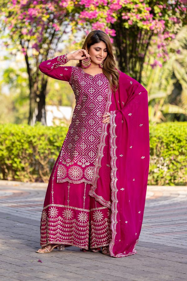 Cool Rani Pink Color Chinon Thread Sequence Work Salwar Suit
