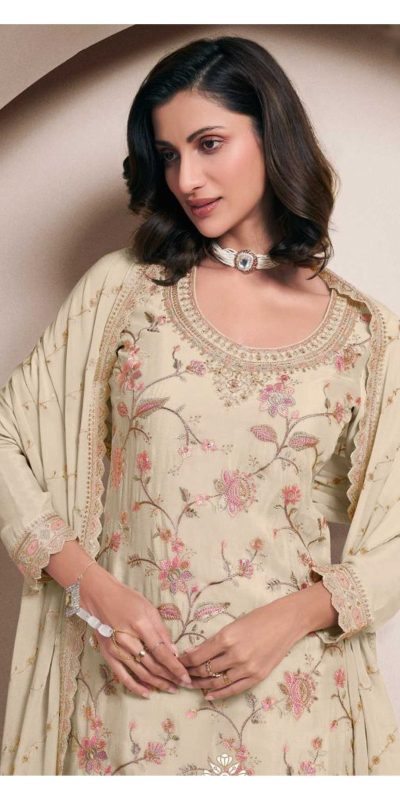 Dazzling Half White Color Chinon Multi Work Salwar Suit