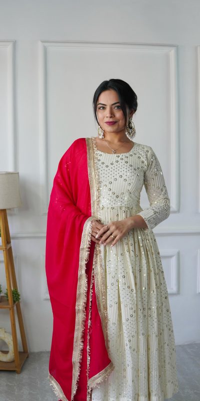 Dazzling Half White Color Georgette Embroidery Work Gown