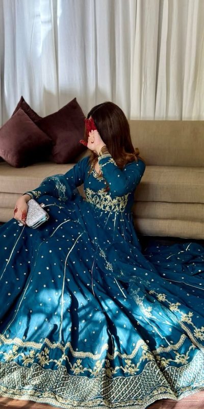VLM 272 Rama Blue Color Star Georgette Embroidery Work Gown Casual, Wedding, Party, Festive, Events Etc. Expected Delivery 4-6 Working Days @2049/- | Gowns, Bollywood Gowns, Creative Gowns, Designer Gowns, Embroidered Gowns, Party Wear Gowns