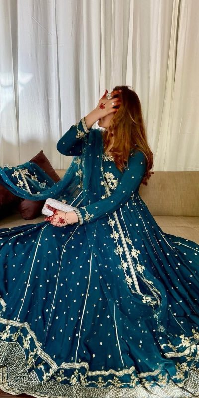 VLM 272 Rama Blue Color Star Georgette Embroidery Work Gown Casual, Wedding, Party, Festive, Events Etc. Expected Delivery 4-6 Working Days @2049/- | Gowns, Bollywood Gowns, Creative Gowns, Designer Gowns, Embroidered Gowns, Party Wear Gowns