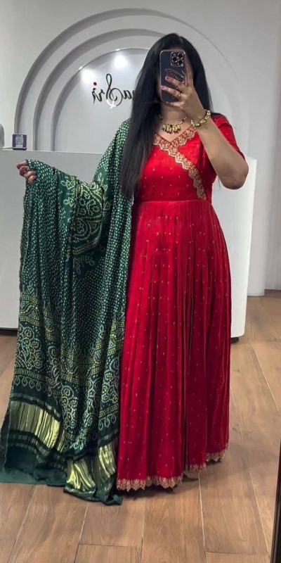 Elegant Red Color Chinon Thread Sequence Work Gown