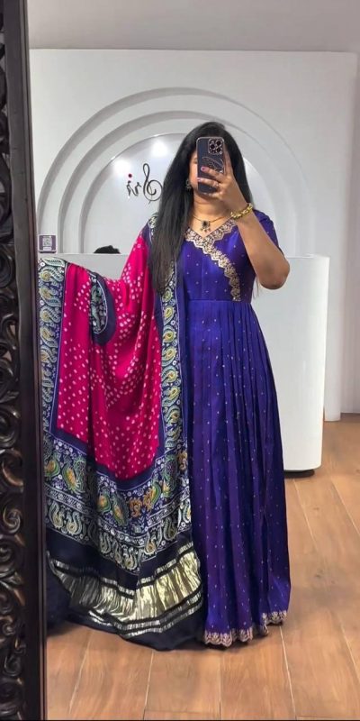 Elegant Royal Blue Color Chinon Thread Sequence Work Gown