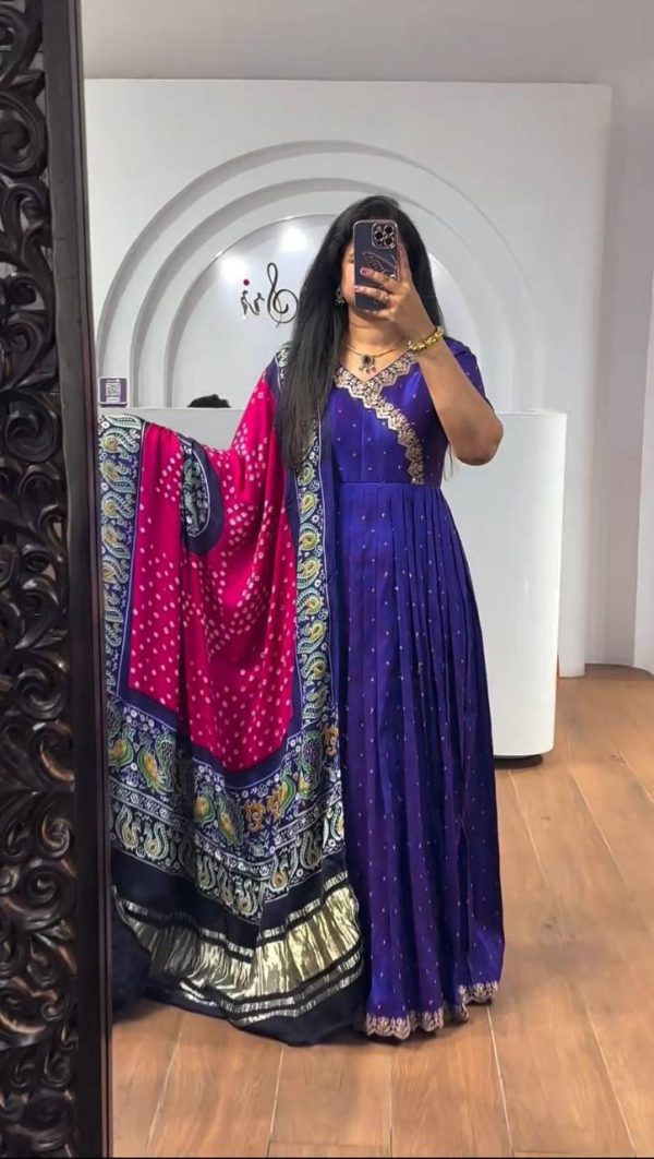Elegant Royal Blue Color Chinon Thread Sequence Work Gown