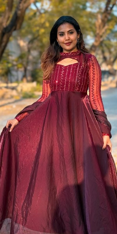 Excellent Red Color Jimmy Chu With Sequence Embroidery Work Gown