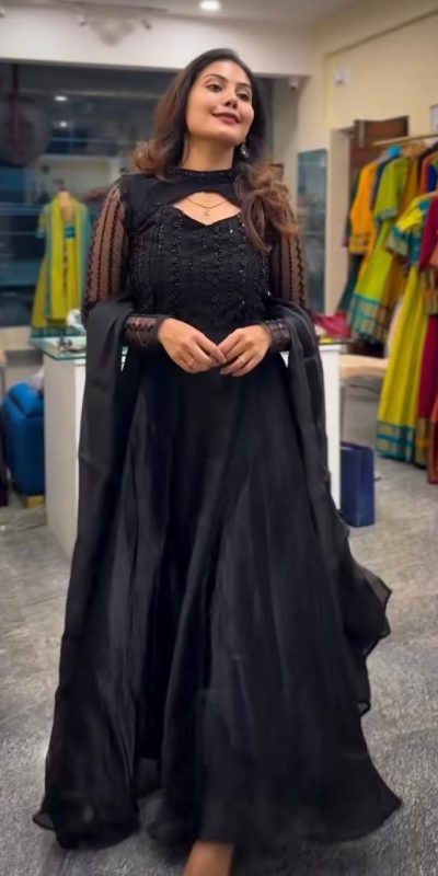 Excellent Black Color Jimmy Chu With Sequence Embroidery Work Gown