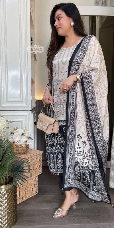 Fancy White Color Chinon Printed Mirror Work Salwar Suit