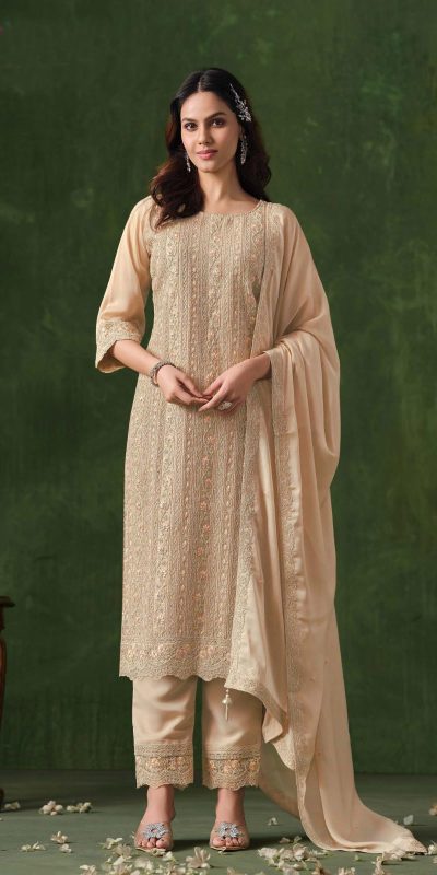 Glowing Cream Color Rangoli Coding Sequence Work Salwar Suit