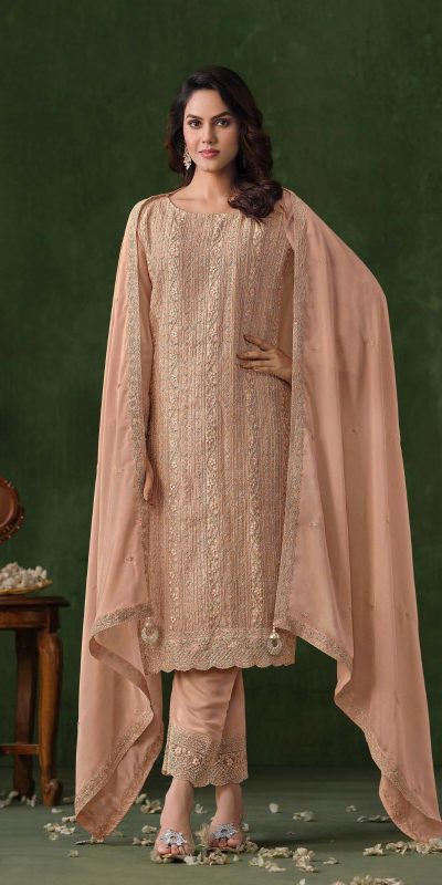 Glowing Light Peach Color Rangoli Coding Sequence Work Salwar Suit