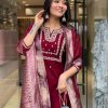 Maroon Roman Silk Coding Work Salwar Suit