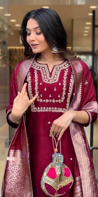 Glowing Maroon Color Roman Silk Coding Work Salwar Suit