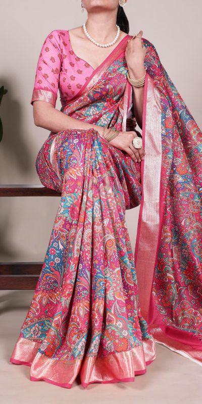 Glowing Pink Color Tushar Silk With Viscose Border Printed Saree