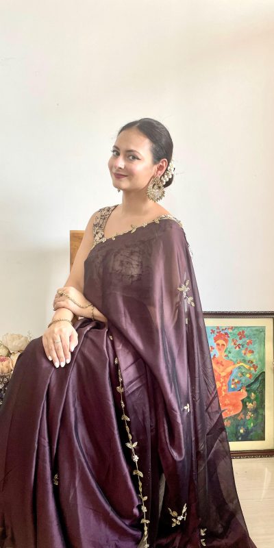 Gorgeous Brown Color Rangoli Silk Handwork Cutwork Pearl Saree