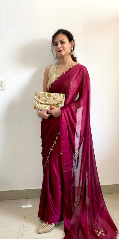 Gorgeous Rani Pink Color Rangoli Silk Handwork Cutwork Pearl Saree