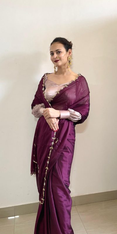 Gorgeous Wine Color Rangoli Silk Handwork Cutwork Pearl Saree