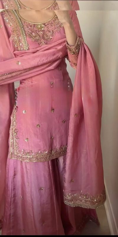 Grand Peach Color Chinon Silk Sequence Work Salwar Suit