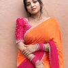 Orange And Pink Chinnon Embroidery Sequence Saree