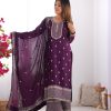 Wine Chinon Silk Embroidery Jari Work Salwar Suit