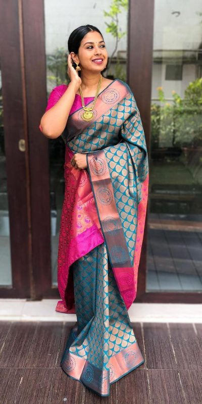 Magical Blue Color Soft Litchi Silk jacquard Work On All Over Saree