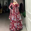 Maroon Marble Floral Print Lace Touch Up Gown