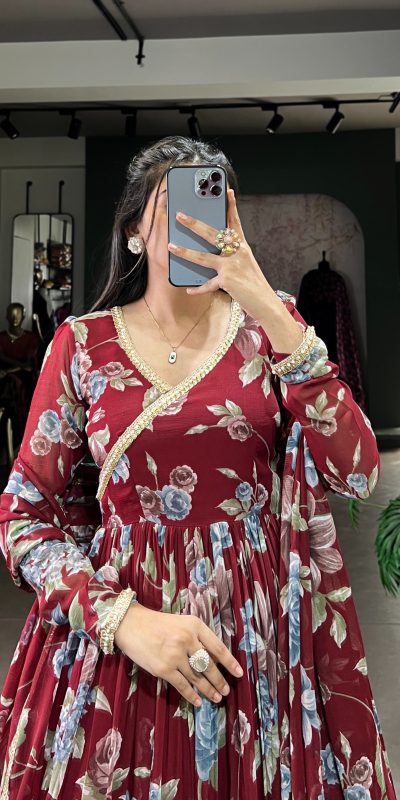 YNF 5103 Maroon Color Marble Floral Print Lace Touch Up Gown Casual, Wedding, Party, Festive, Events Etc. Expected Delivery 4-6 Working Days @1799/- | Gowns, Bollywood Gowns, Creative Gowns, Designer Gowns, Embroidered Gowns, Party Wear Gowns