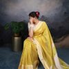 Yellow Jacquard Chex Zari Weaving Work Saree