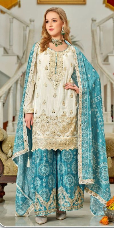 Nice Blue Color Chinon Sequence Mirror Hand Work Salwar Suit