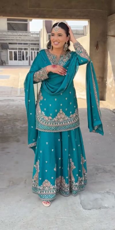 Shine Blue Color Chinon Silk Thread Sequence Work Salwar Suit