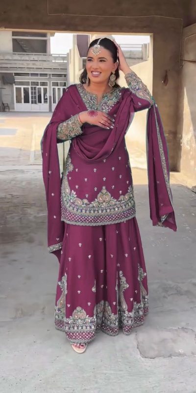 Shine Wine Color Chinon Silk Thread Sequence Work Salwar Suit