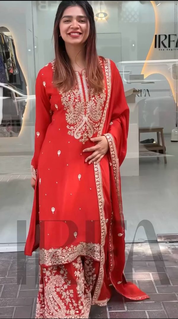 Shiny Red Color Chinon Silk With Embroidery Work Salwar Suit
