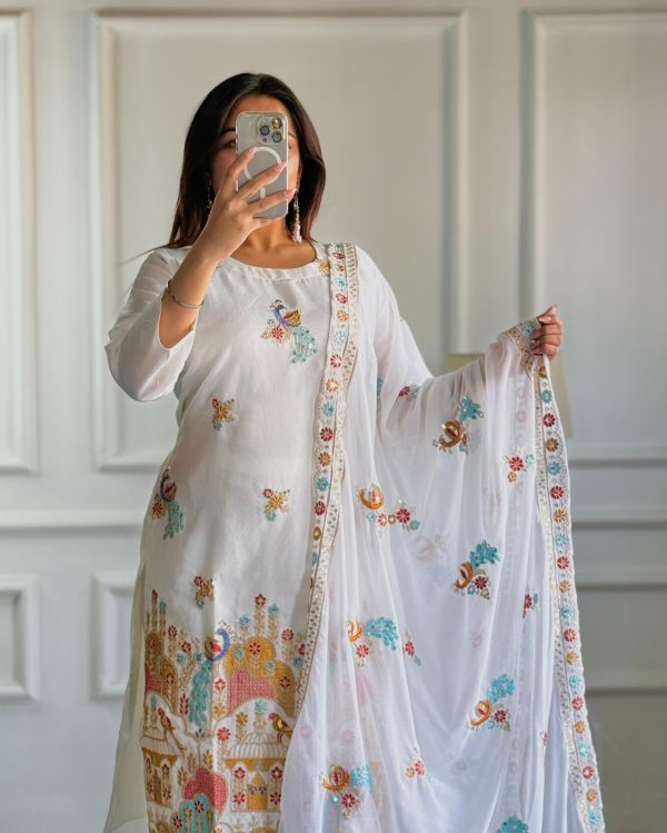 Shiny White Color Roman Silk With Embroidery Work Salwar Suit