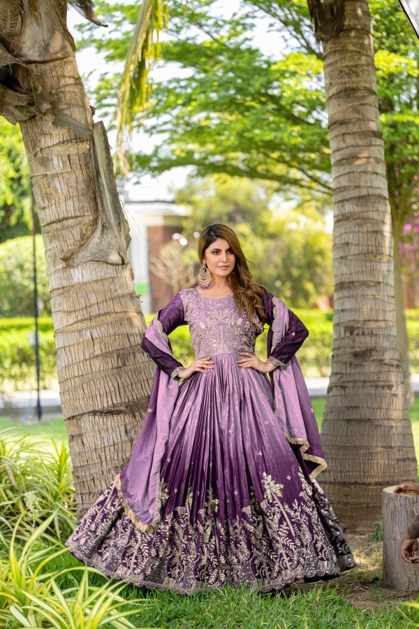 Stunning Purple Color Chinon Sequence Embroidery Work Gown