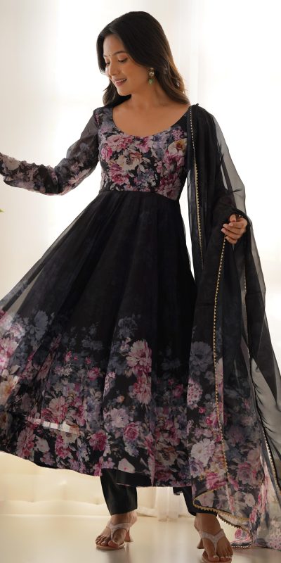 KB 261 Black Color Soft Organza Silk Print With Kali Gown Casual, Wedding, Party, Festive, Events Etc.4-6 Working Days@ 1999/-only | Gowns, Bollywood Gowns, Creative Gowns, Designer Gowns, Embroidered Gowns, Party Wear Gowns