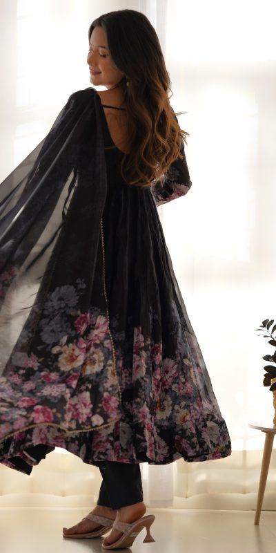 KB 261 Black Color Soft Organza Silk Print With Kali Gown Casual, Wedding, Party, Festive, Events Etc.4-6 Working Days@ 1999/-only | Gowns, Bollywood Gowns, Creative Gowns, Designer Gowns, Embroidered Gowns, Party Wear Gowns