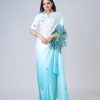 Blue And White Japan Satin Digital Print Work Saree