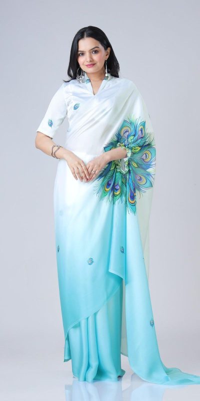 Stylist Blue And White Color Japan Satin Digital Print Work Saree