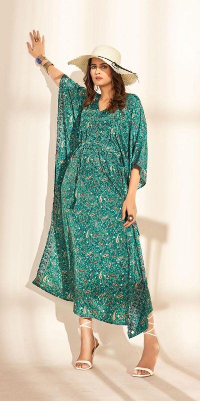 Stylist Blue Color Heavy French Crape Print Kaftan Suit