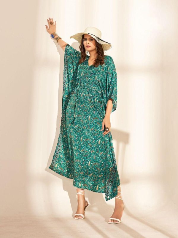 Stylist Blue Color Heavy French Crape Print Kaftan Suit
