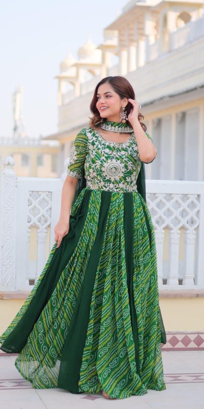 Stylist Green Color Bandhej Fox Georgette Sequence Work Gown