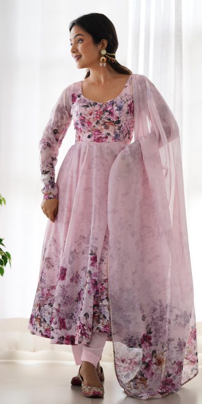 KB 261 Pink Color Soft Organza Silk Print With Kali Gown Casual, Wedding, Party, Festive, Events Etc.4-6 Working Days@ 1999/-only | Gowns, Bollywood Gowns, Creative Gowns, Designer Gowns, Embroidered Gowns, Party Wear Gowns